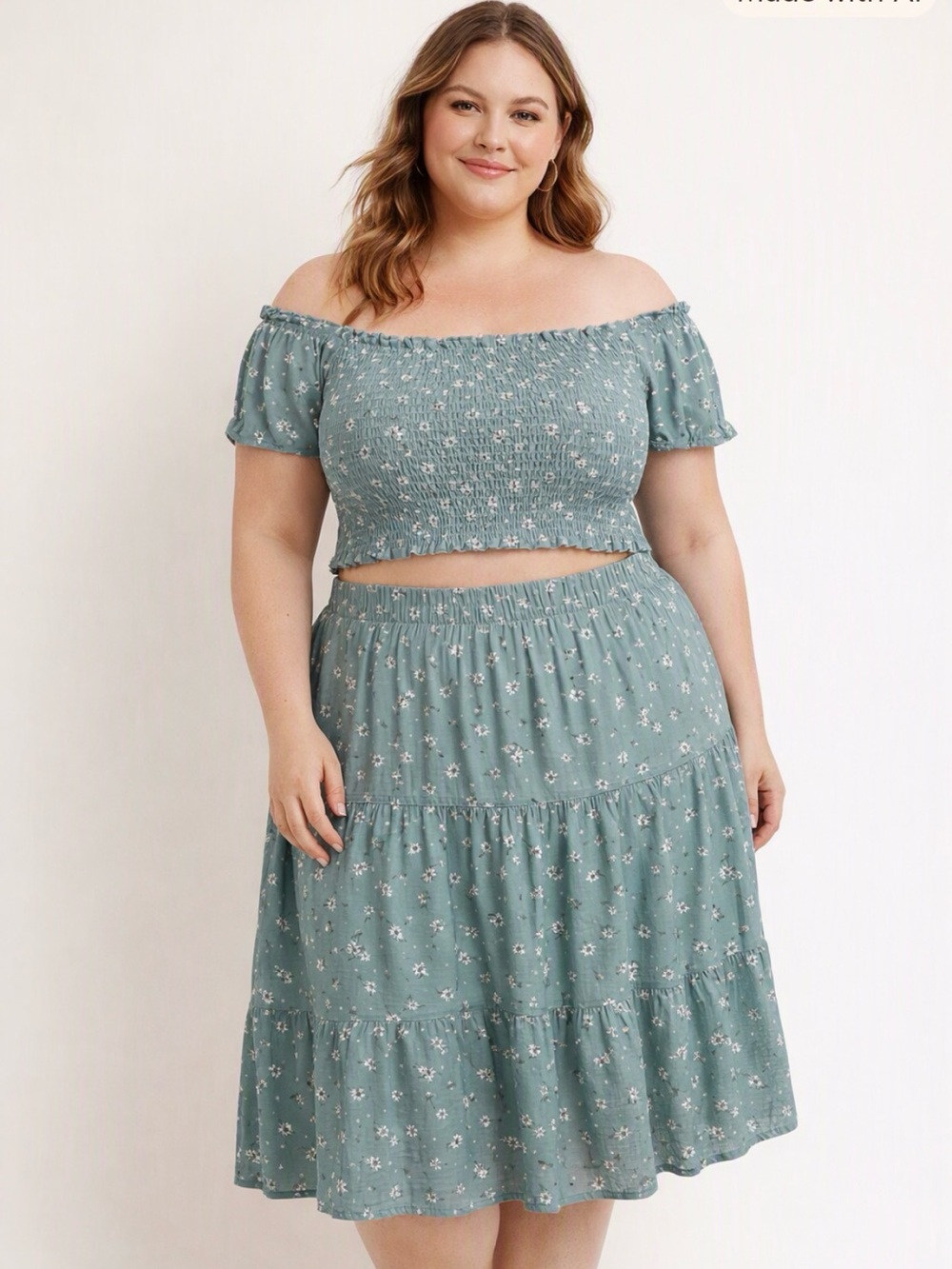 Mimi Chica Sage Green Floral Smocked Crop Top & Midi Skirt Set